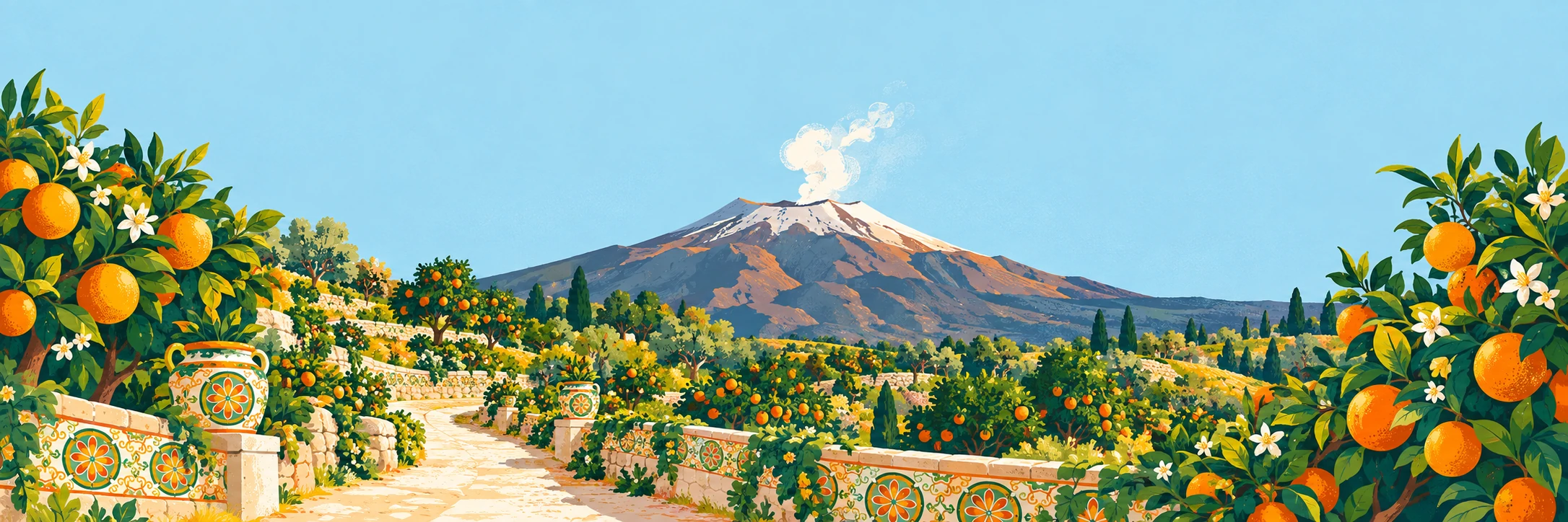 Illustrazione dell’Etna tra gli agrumeti, con dettagli ispirati alla ceramica siciliana.