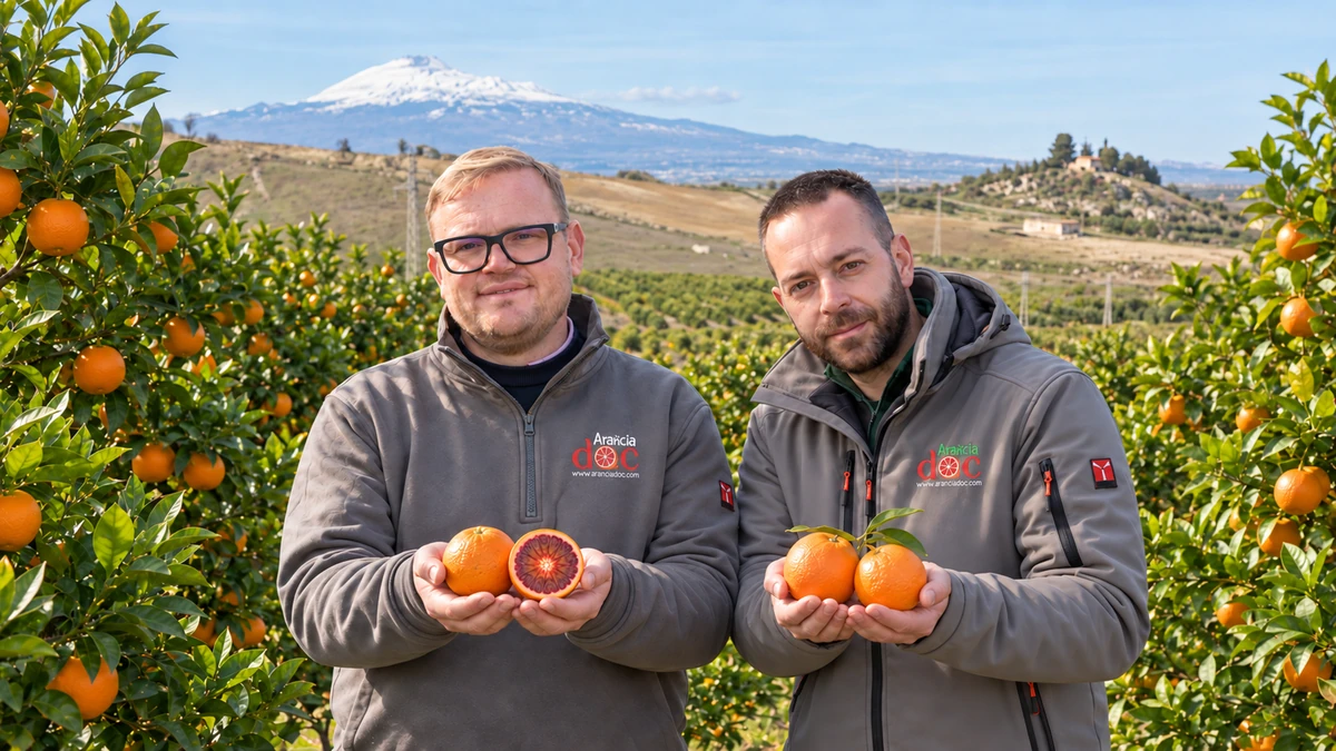 Francesco e Sebastiano presentano le arance con entrambe le mani, nel frutteto con l’Etna alle spalle.
